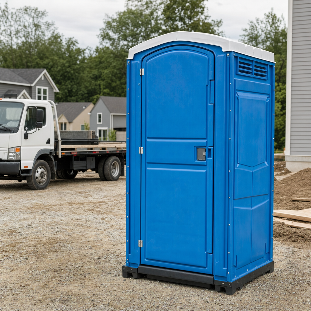 Delivery driver positioning a clean royal-blue portable toilet on level ground at a Miami Gardens worksite
