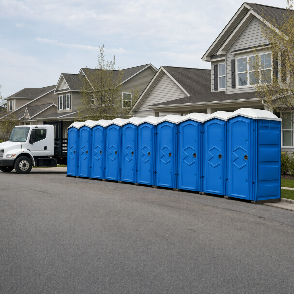 Royal blue portable toilets staged in a tidy row at a Miami Gardens jobsite, ready for delivery